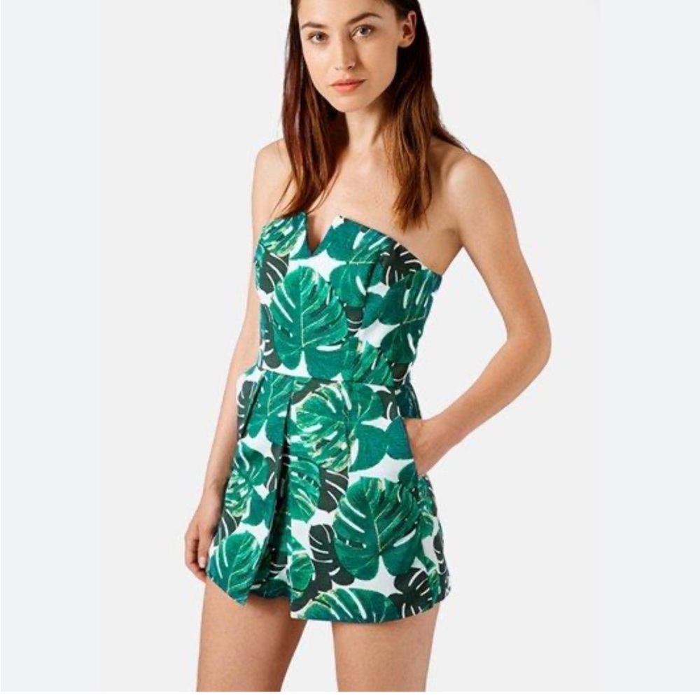Topshop Green Leaf Print Strapless Romper